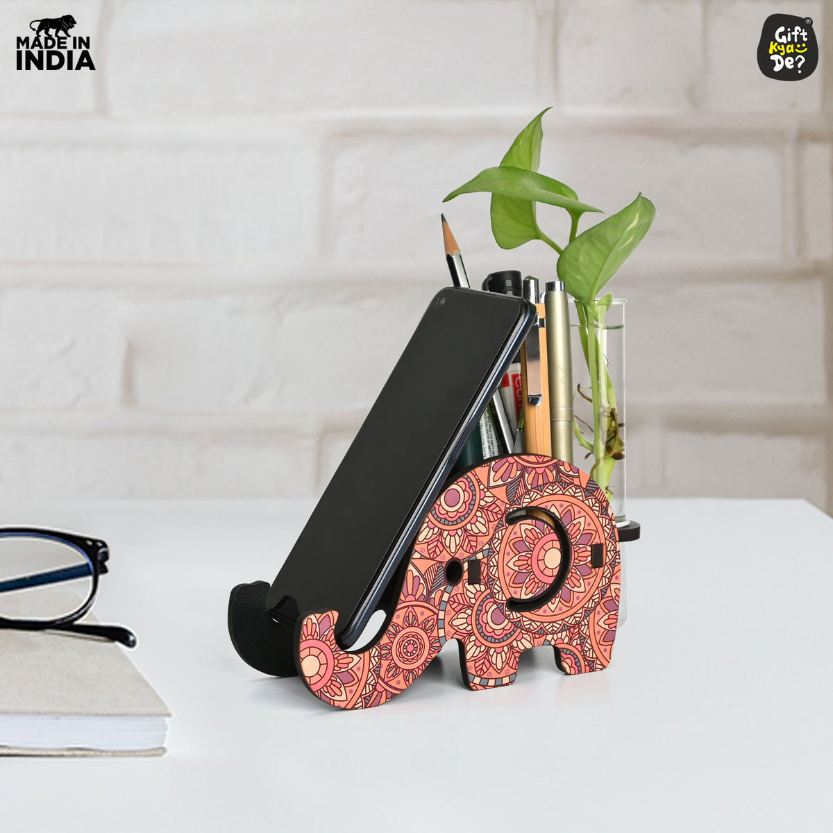 Elephant Shaped Pen Holder with Test Tube Planter Mobile Stand
