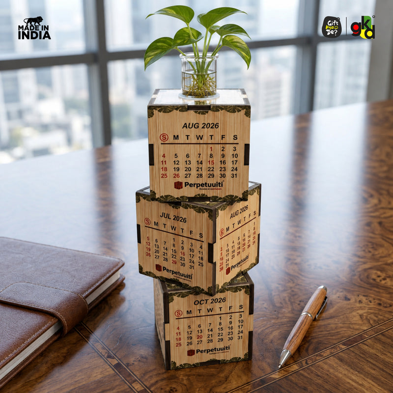 3-Cube Wooden Desk Calendar 2026 with Test Tube Planter | Desk Organizer for Home, Office & Corporate Gifting