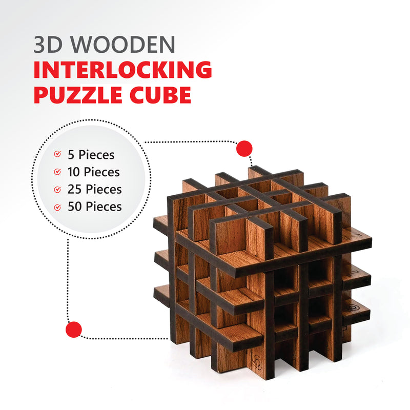 3D Wooden Interlocking Puzzle Cube | Brain Teaser IQ Game | Educational & Logical Thinking Game for Kids & Adults | 3x3 Inch