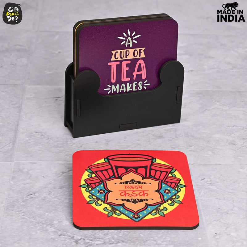 Square Quotes Coaster Set of 6 With Coaster Stand | Quotes Coaster Set fit for Tea Cups and Coffee Mugs Also Coffee Lover Gifts Gift Kya De