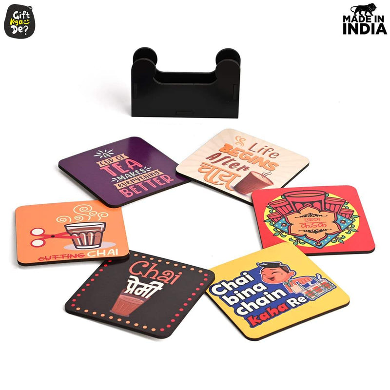 Square Quotes Coaster Set of 6 With Coaster Stand | Quotes Coaster Set fit for Tea Cups and Coffee Mugs Also Coffee Lover Gifts Gift Kya De