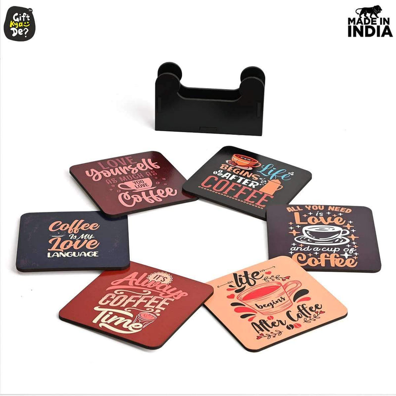 Square Quotes Coaster Set of 6 With Coaster Stand | Quotes Coaster Set fit for Tea Cups and Coffee Mugs Also Coffee Lover Gifts Gift Kya De