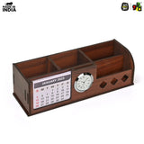 Load image into Gallery viewer, Wooden Desk Organizer with Calendar, Clock and 4 Compartments for Stationery, Mobile and Remote | Tabletop Organizer for Office and Home Use