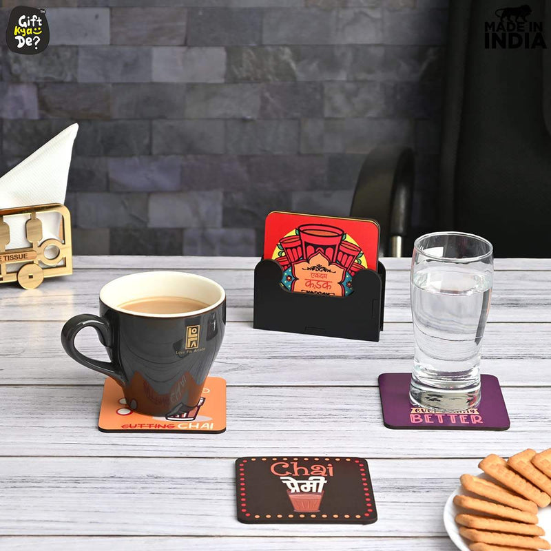 Square Quotes Coaster Set of 6 With Coaster Stand | Quotes Coaster Set fit for Tea Cups and Coffee Mugs Also Coffee Lover Gifts Gift Kya De