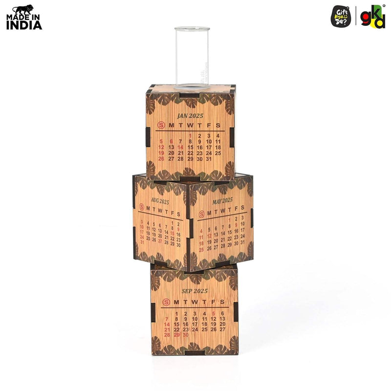 3-Cube Wooden Desk Calendar 2026 with Test Tube Planter | Desk Organizer for Home, Office & Corporate Gifting