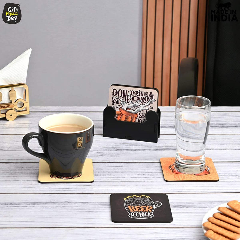 Square Quotes Coaster Set of 6 With Coaster Stand | Quotes Coaster Set fit for Tea Cups and Coffee Mugs Also Coffee Lover Gifts Gift Kya De
