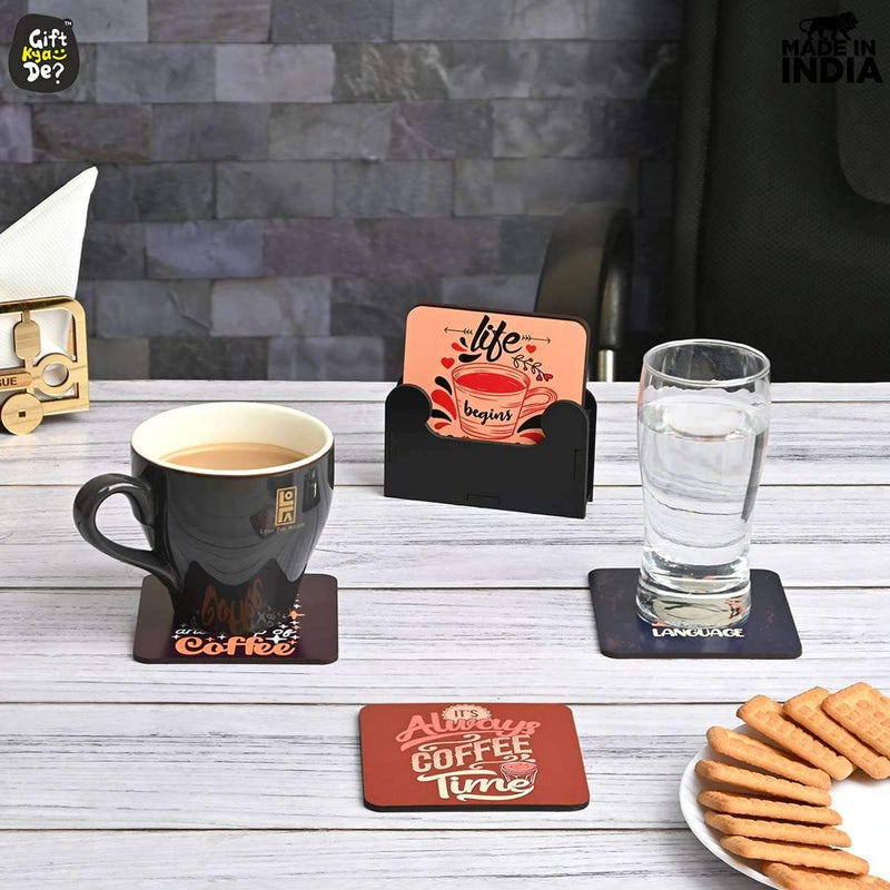 Square Quotes Coaster Set of 6 With Coaster Stand | Quotes Coaster Set fit for Tea Cups and Coffee Mugs Also Coffee Lover Gifts Gift Kya De