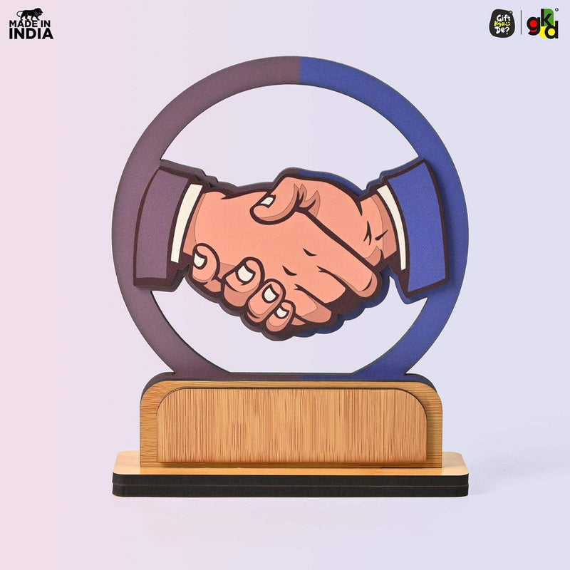 Wooden Handshake Memento Trophy | DIY Customizable Partnership Award for Corporate Gifts, Dealer Meets & Business Achievements | Add Your Own Sticker or Text