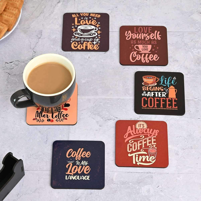 Square Quotes Coaster Set of 6 With Coaster Stand | Quotes Coaster Set fit for Tea Cups and Coffee Mugs Also Coffee Lover Gifts Gift Kya De Coffee-Quotes