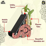 Load image into Gallery viewer, Elephant Shaped Wooden Pen Holder with Test Tube Planter &amp; Mobile Stand | Mandala Art Design | Multifunctional Desk Organizer - Gift Kya De 