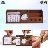 Load image into Gallery viewer, Wooden Desk Organizer with Calendar, Clock and 4 Compartments for Stationery, Mobile and Remote | Tabletop Organizer for Office and Home Use