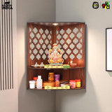 Load image into Gallery viewer, Wooden Corner Pooja Mandir for Home &amp; Office | Wall Mounted Pooja Stand with LED Light (H-17 x W-10 x L-15 Inch)