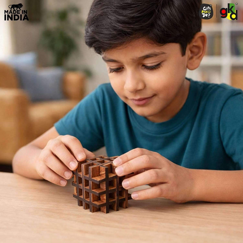 3D Wooden Interlocking Puzzle Cube | Brain Teaser IQ Game | Educational & Logical Thinking Game for Kids & Adults | 3x3 Inch
