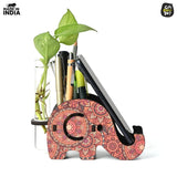 Load image into Gallery viewer, Elephant Shaped Wooden Pen Holder with Test Tube Planter &amp; Mobile Stand | Mandala Art Design | Multifunctional Desk Organizer - Gift Kya De 