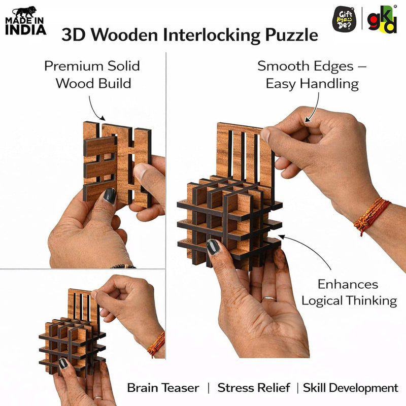 3D Wooden Interlocking Puzzle Cube | Brain Teaser IQ Game | Educational & Logical Thinking Game for Kids & Adults | 3x3 Inch