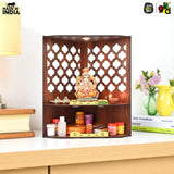 Load image into Gallery viewer, Wooden Corner Pooja Mandir for Home &amp; Office | Wall Mounted Pooja Stand with LED Light (H-17 x W-10 x L-15 Inch)
