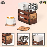 Load image into Gallery viewer, Wooden Cutlery Holder with 3 Compartments &amp; 4 Designer Coasters | Multipurpose Utensil, Tissue &amp; Spoon Stand | Table Organiser for Home, Kitchen, Office