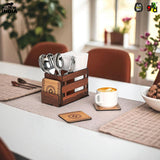 Load image into Gallery viewer, Wooden Cutlery Holder with 3 Compartments &amp; 4 Designer Coasters | Multipurpose Utensil, Tissue &amp; Spoon Stand | Table Organiser for Home, Kitchen, Office
