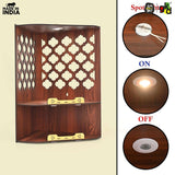 Load image into Gallery viewer, Wooden Corner Pooja Mandir for Home &amp; Office | Wall Mounted Pooja Stand with LED Light (H-17 x W-10 x L-15 Inch)