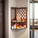 Load image into Gallery viewer, Wooden Corner Pooja Mandir for Home &amp; Office | Wall Mounted Pooja Stand with LED Light (H-17 x W-10 x L-15 Inch)