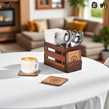 Load image into Gallery viewer, Wooden Cutlery Holder with 3 Compartments &amp; 4 Designer Coasters | Multipurpose Utensil, Tissue &amp; Spoon Stand | Table Organiser for Home, Kitchen, Office
