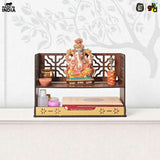 Load image into Gallery viewer, Aastha Compact Wooden Pooja Mandir for Home &amp; Office | Small Table Top &amp; Wall Mounted Wooden Temple Stand with Golden Acrylic Elegance (H-8 x L-12 x W-5.5 Inch)