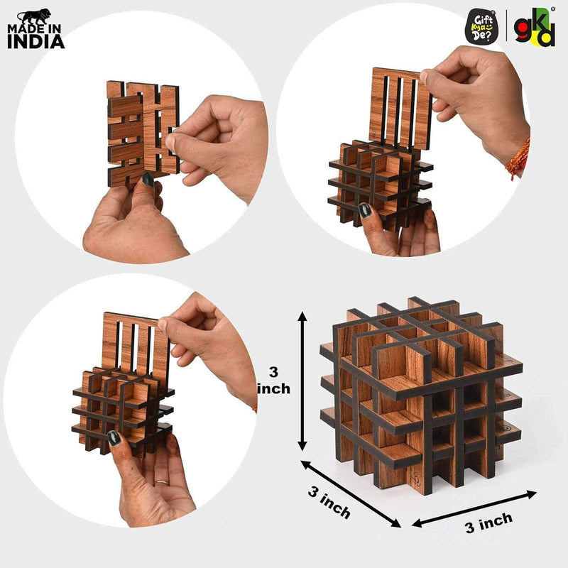 3D Wooden Interlocking Puzzle Cube | Brain Teaser IQ Game | Educational & Logical Thinking Game for Kids & Adults | 3x3 Inch