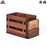 Load image into Gallery viewer, Wooden Cutlery Holder with 3 Compartments &amp; 4 Designer Coasters | Multipurpose Utensil, Tissue &amp; Spoon Stand | Table Organiser for Home, Kitchen, Office