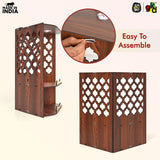 Load image into Gallery viewer, Wooden Corner Pooja Mandir for Home &amp; Office | Wall Mounted Pooja Stand with LED Light (H-17 x W-10 x L-15 Inch)