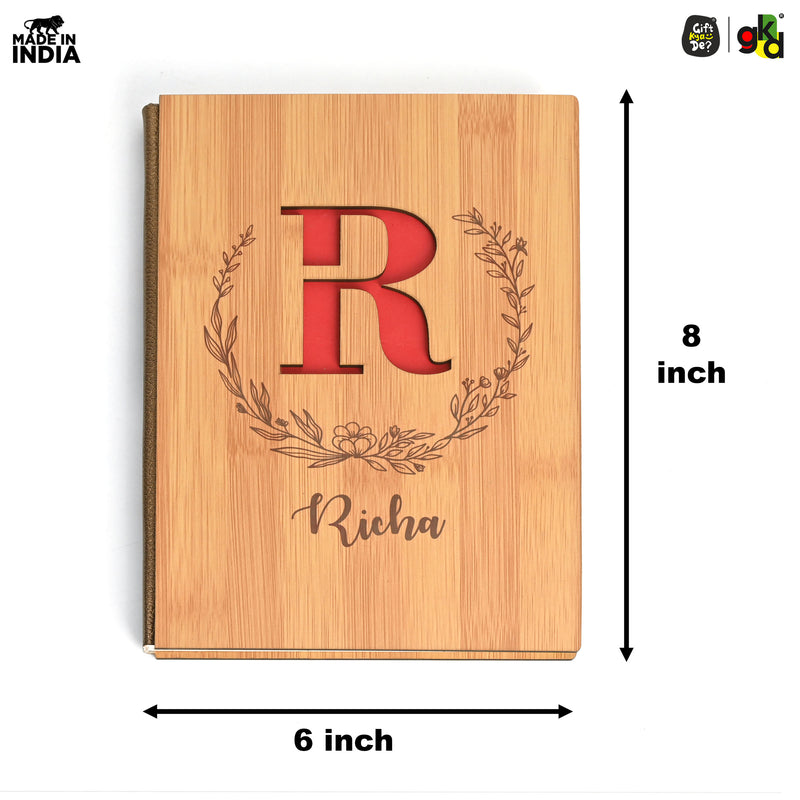 Personalized Wooden Diary with Custom Alphabet & Name | Premium Wooden Cover Journal | 6 x 8 Inch