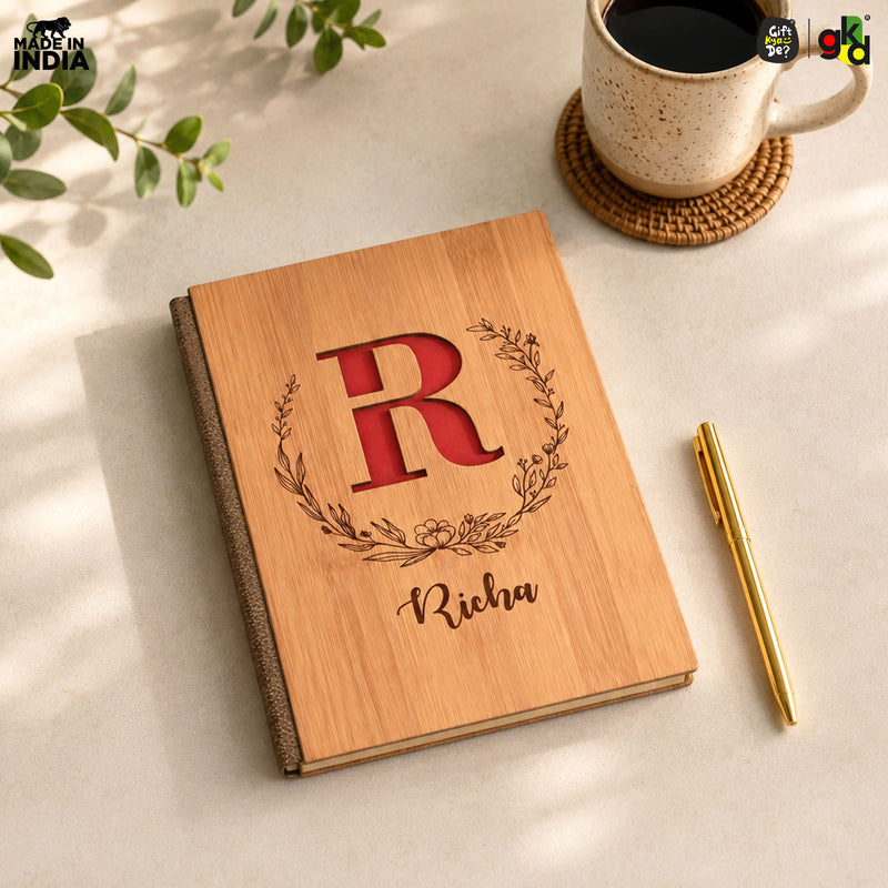 Personalized Wooden Diary with Custom Alphabet & Name | Premium Wooden Cover Journal | 6 x 8 Inch