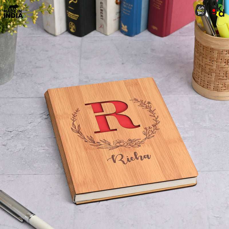 Personalized Wooden Diary with Custom Alphabet & Name | Premium Wooden Cover Journal | 6 x 8 Inch