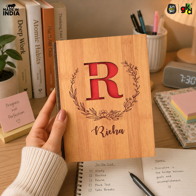 Personalized Wooden Diary with Custom Alphabet & Name | Premium Wooden Cover Journal | 6 x 8 Inch