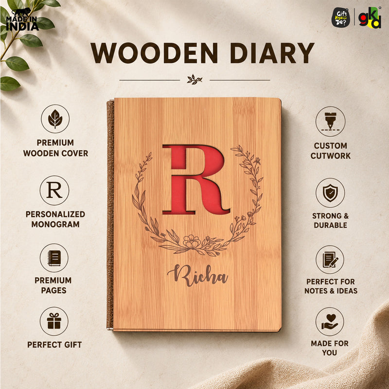 Personalized Wooden Diary with Custom Alphabet & Name | Premium Wooden Cover Journal | 6 x 8 Inch