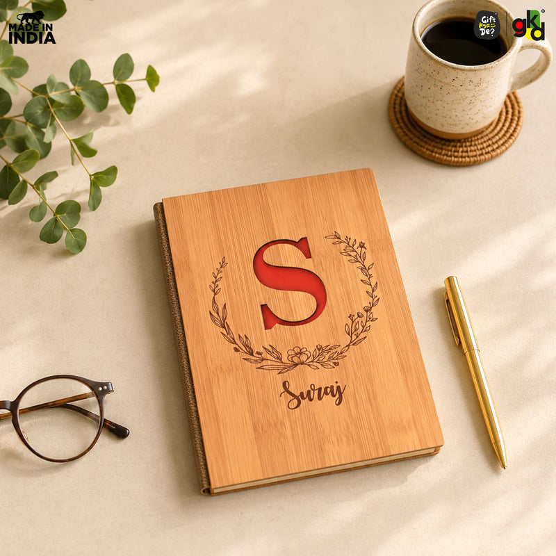 Personalized Wooden Diary with Custom Alphabet & Name | Premium Wooden Cover Journal | 6 x 8 Inch