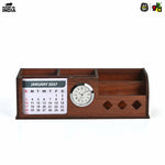 Wooden Desk Organizer with Calendar 2027, Clock and 4 Compartments for Stationery, Mobile and Remote | Tabletop Organizer for Office and Home Use