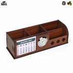Wooden Desk Organizer with Calendar 2027, Clock and 4 Compartments for Stationery, Mobile and Remote | Tabletop Organizer for Office and Home Use