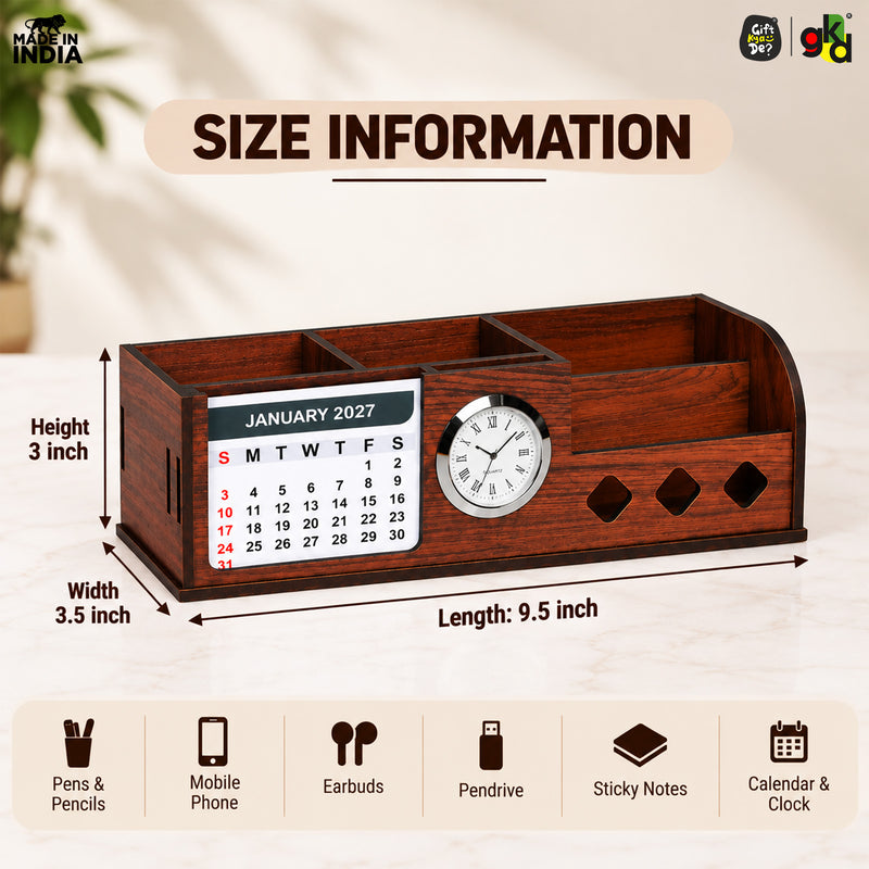 Wooden Desk Organizer with Calendar 2027, Clock and 4 Compartments for Stationery, Mobile and Remote | Tabletop Organizer for Office and Home Use