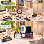 Wooden Desk Organizer with Calendar 2027, Clock and 4 Compartments for Stationery, Mobile and Remote | Tabletop Organizer for Office and Home Use