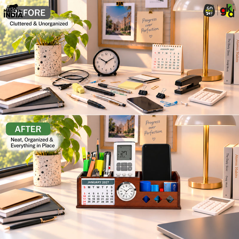 Wooden Desk Organizer with Calendar 2027, Clock and 4 Compartments for Stationery, Mobile and Remote | Tabletop Organizer for Office and Home Use