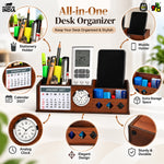 Wooden Desk Organizer with Calendar 2027, Clock and 4 Compartments for Stationery, Mobile and Remote | Tabletop Organizer for Office and Home Use
