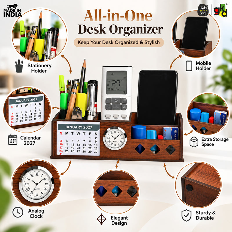 Wooden Desk Organizer with Calendar 2027, Clock and 4 Compartments for Stationery, Mobile and Remote | Tabletop Organizer for Office and Home Use