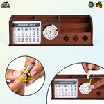Wooden Desk Organizer with Calendar 2027, Clock and 4 Compartments for Stationery, Mobile and Remote | Tabletop Organizer for Office and Home Use