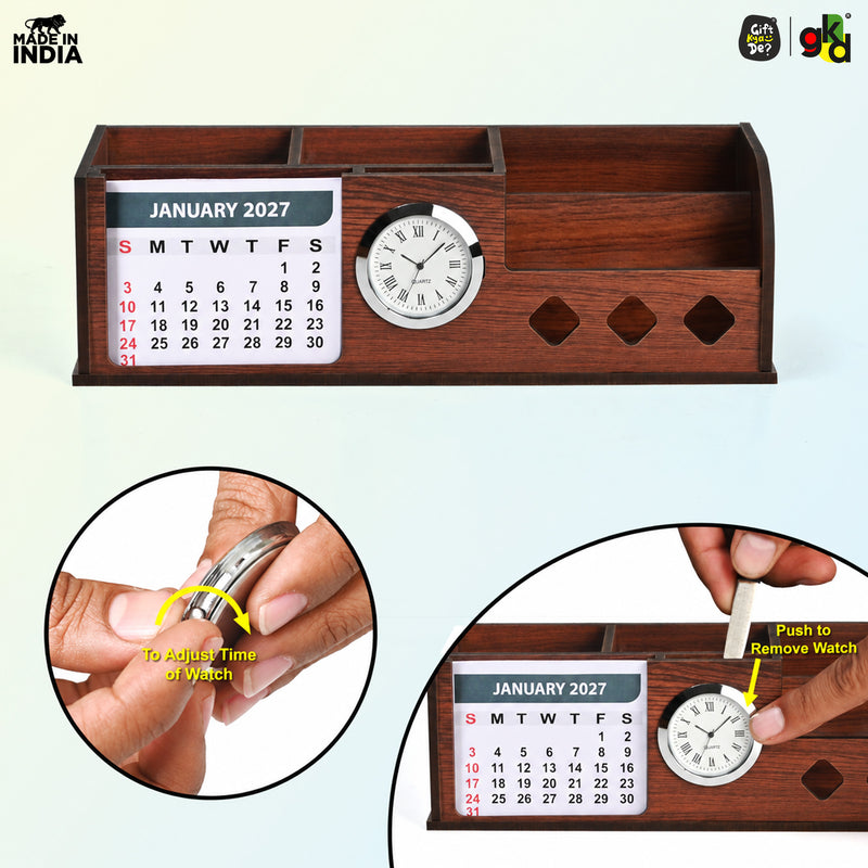 Wooden Desk Organizer with Calendar 2027, Clock and 4 Compartments for Stationery, Mobile and Remote | Tabletop Organizer for Office and Home Use
