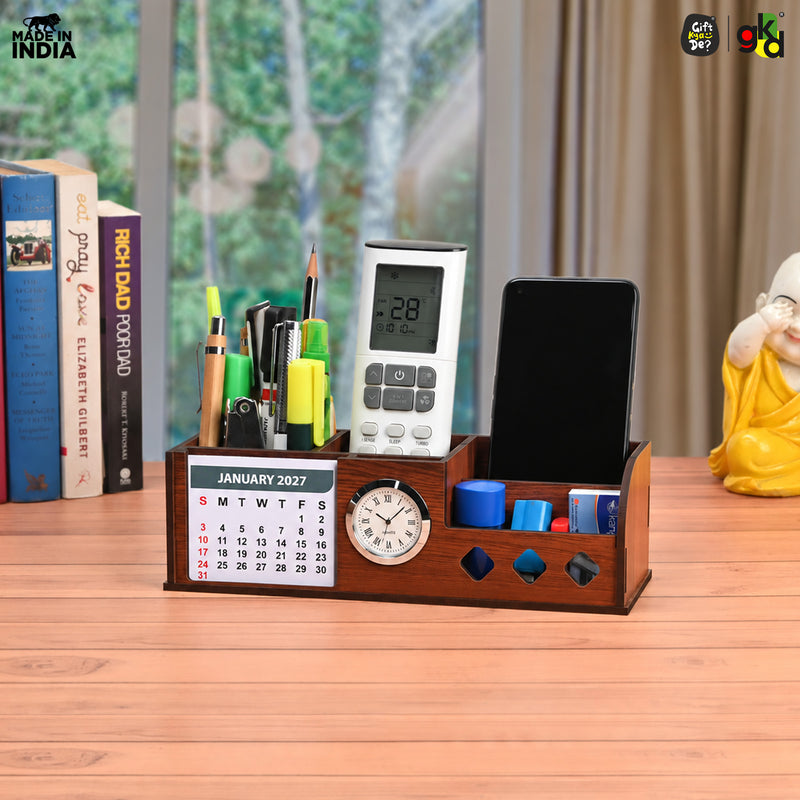 Wooden Desk Organizer with Calendar 2027, Clock and 4 Compartments for Stationery, Mobile and Remote | Tabletop Organizer for Office and Home Use