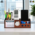 Wooden Desk Organizer with Calendar 2027, Clock and 4 Compartments for Stationery, Mobile and Remote | Tabletop Organizer for Office and Home Use