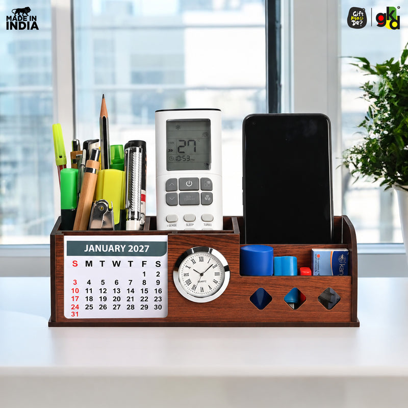 Wooden Desk Organizer with Calendar 2027, Clock and 4 Compartments for Stationery, Mobile and Remote | Tabletop Organizer for Office and Home Use