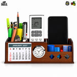 Wooden Desk Organizer with Calendar 2027, Clock and 4 Compartments for Stationery, Mobile and Remote | Tabletop Organizer for Office and Home Use