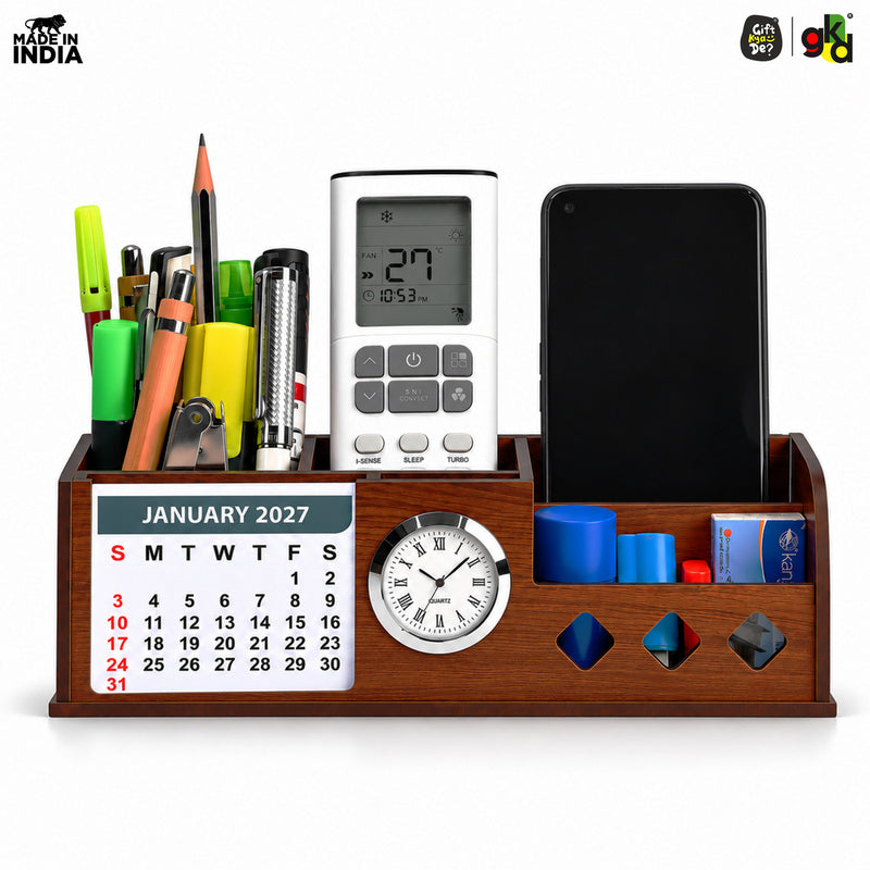Wooden Desk Organizer with Calendar 2027, Clock and 4 Compartments for Stationery, Mobile and Remote | Tabletop Organizer for Office and Home Use