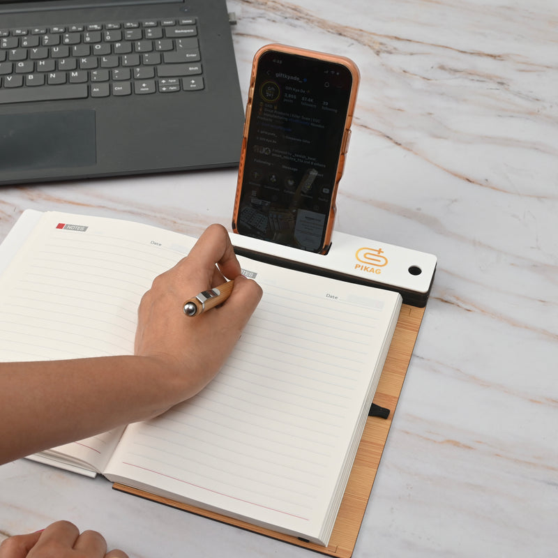 Wooden Smart Diary with White Board & Marker | A5 Notebook with Mobile & Pen Stand | Personal Use, Office & Corporate Gift